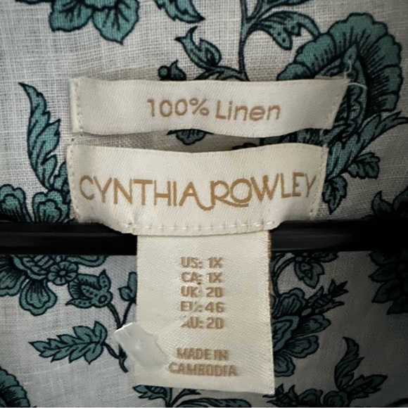 CYNTHIA ROWLEY 100% LINEN FLORAL BLOUSE WITH LONG ROLL TAB SLEEVES - Picture 9 of 11